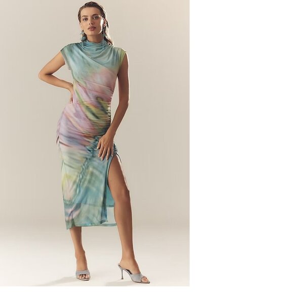 Anthropologie The Maya Ruched Cowl-Neck Mesh Dress new nwt size S green - Picture 1 of 11